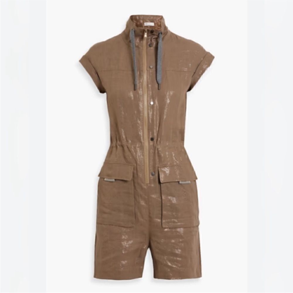 NWT Brunello Cucinelli 100% linen Shimmering Gold/ brown romper, S